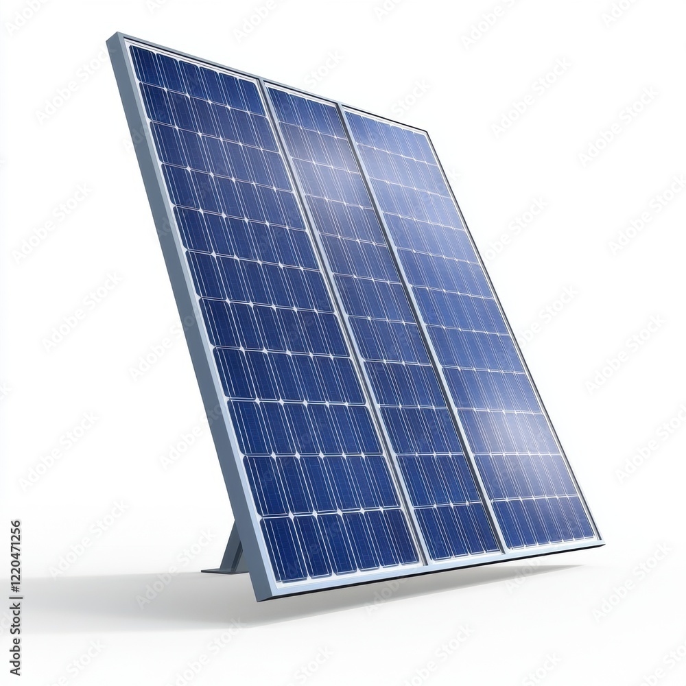 A single solar panel standing upright with visible grid details and a realistic metallic frame, isolated on a clean white background A single solar panel standing upright with visible grid details and a realistic metallic frame, isolated on a clean white background
