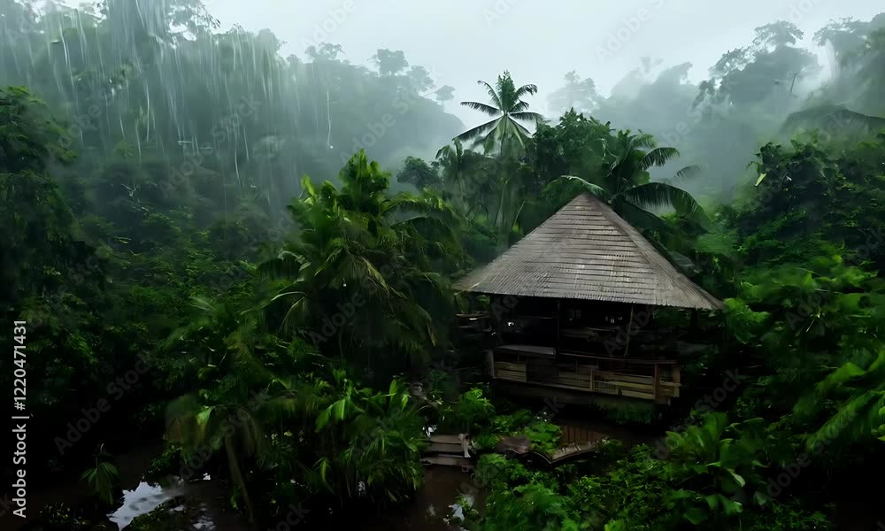 Tropical Rainforest Cabin in the Rain - 4K Drone Footage Tropical Rainforest Cabin in the Rain - 4K Drone Footage