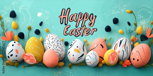 Colorful easter eggs embellished with floral patterns and smooth stones, resting on turquoise surface marked by golden and white brushwork, symbolizing festive holiday celebration