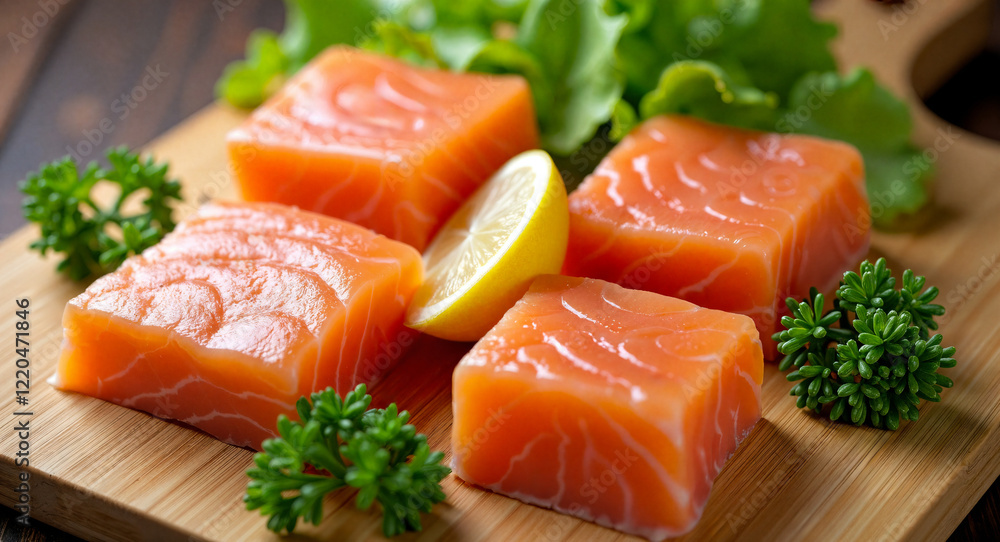 four succulent salmon pieces arranged on a wooden board with lemon and herbs four succulent salmon pieces arranged on a wooden board with lemon and herbs