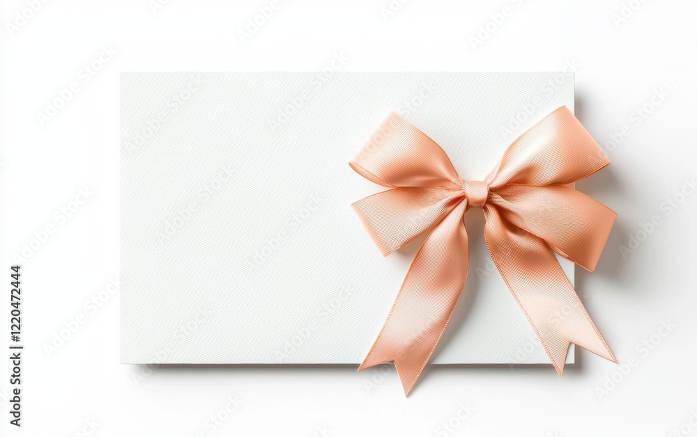 A stylish white voucher with a peach-colored ribbon and bow elegantly placed on the lower edge, leaving blank space for customization, isolated on a bright white background A stylish white voucher with a peach-colored ribbon and bow elegantly placed on the lower edge, leaving blank space for customization, isolated on a bright white background