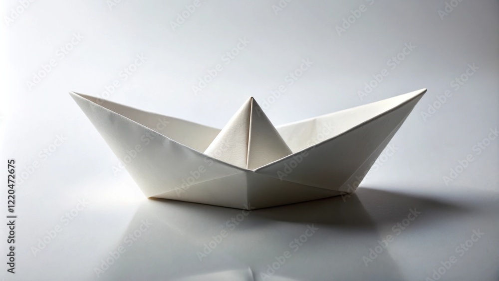 A Simple White Origami Boat on a Reflective Surface A Simple White Origami Boat on a Reflective Surface