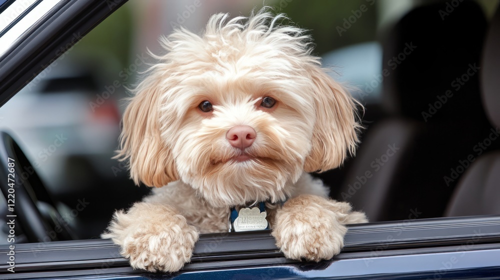 Small, fluffy dog peering out of a partially opened car window, patiently waiting for its owner to return, embodying loyalty and curiosity on a sunny day in the city