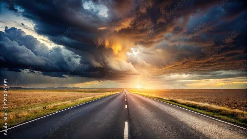 Naklejka premium Asphalt Road Leading Towards a Dramatic Sunset Under a Stormy Sky