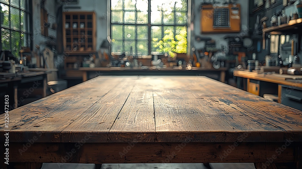 Rustic Wooden Table in a Sunlit Workshop Setting