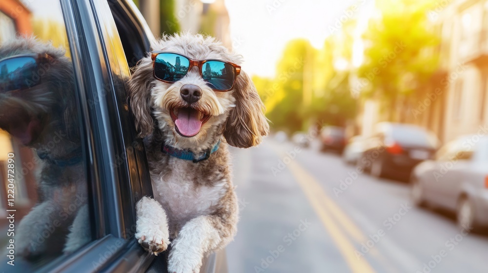 Playful brown puppy sporting sunglasses peering out car window during urban joyride, city landscape blurring behind cheerful canine companion