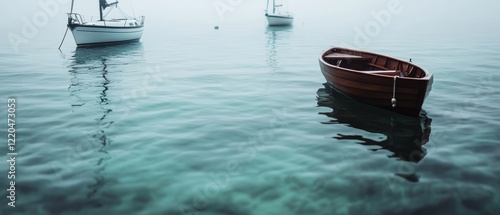 Wooden boats float serenely on crystal-clear water under a misty sky, creating a peaceful scene of maritime tranquility. photo