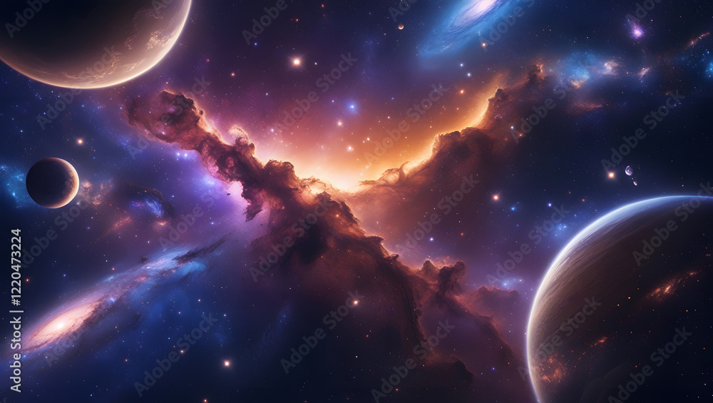 Naklejka premium Two planets in vibrant nebula with stars; futuristic space exploration concept suitable for science fiction book cover or digital art