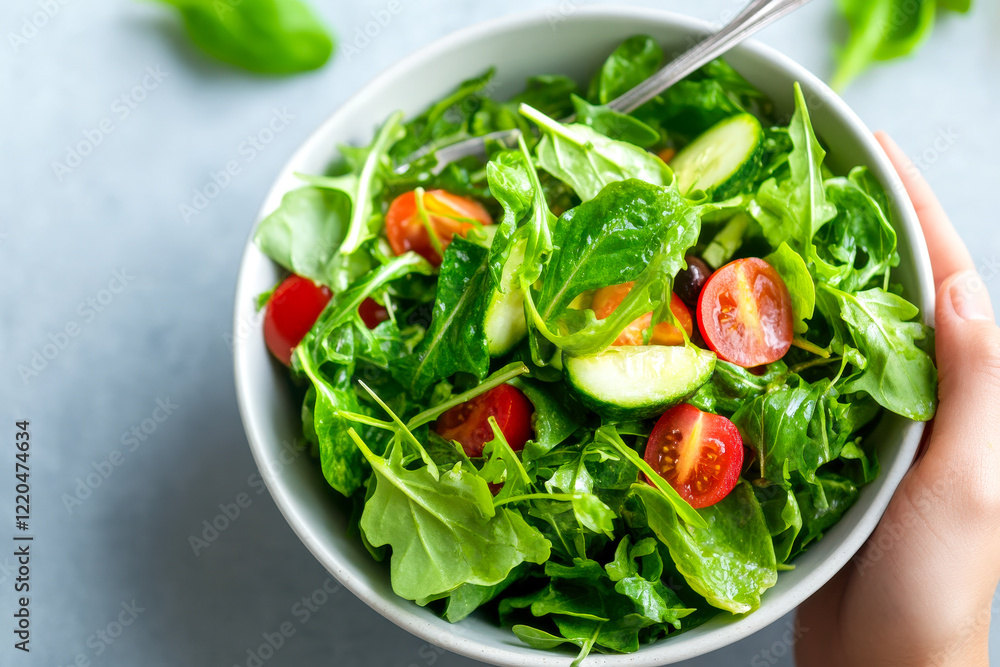 A fresh, vibrant salad with mixed greens, cherry tomatoes, and cucumber served in a bowl, highlighting healthy eating. A fresh, vibrant salad with mixed greens, cherry tomatoes, and cucumber served in a bowl, highlighting healthy eating.