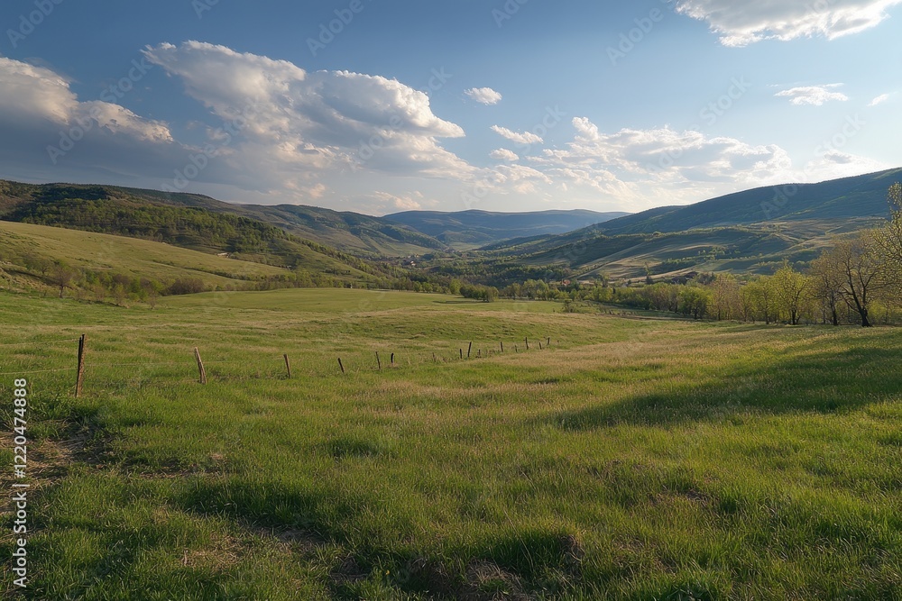 Green valley pasture, rolling hills, sunset, rural landscape, travel Green valley pasture, rolling hills, sunset, rural landscape, travel