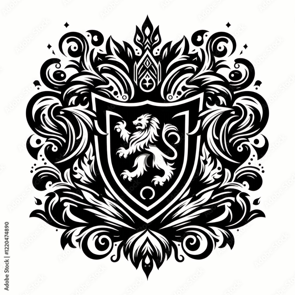 Black and White Floral Ornament Design with Symmetrical Shield Black and White Floral Ornament Design with Symmetrical Shield