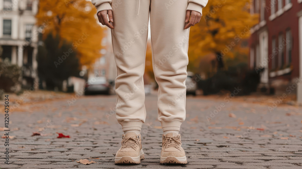 person wearing beige joggers and sneakers stands on cobblestone street with autumn leaves person wearing beige joggers and sneakers stands on cobblestone street with autumn leaves