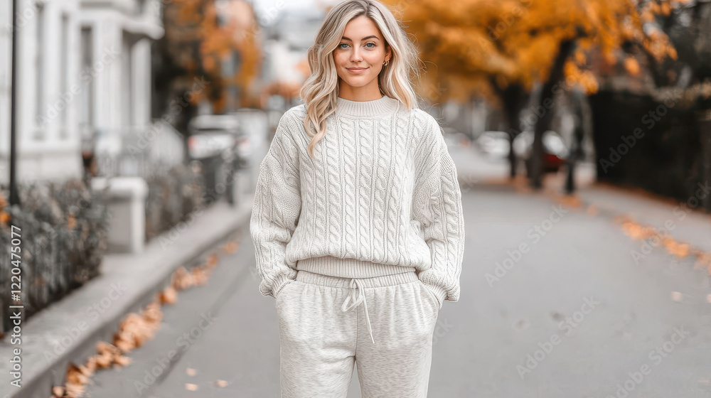 woman in cozy fall athleisure stands on tree lined street with autumn leaves woman in cozy fall athleisure stands on tree lined street with autumn leaves