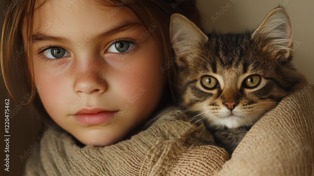 Young girl with kitten, soft beige backdrop, tender moment captured, playful innocence, charming companionship, heartwarming scene Young girl with kitten, soft beige backdrop, tender moment captured, playful innocence, charming companionship, heartwarming scene