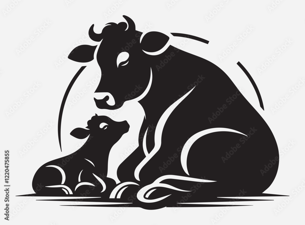 Obraz premium Sitting Cow Silhouette Vector with Heart for Design Projects