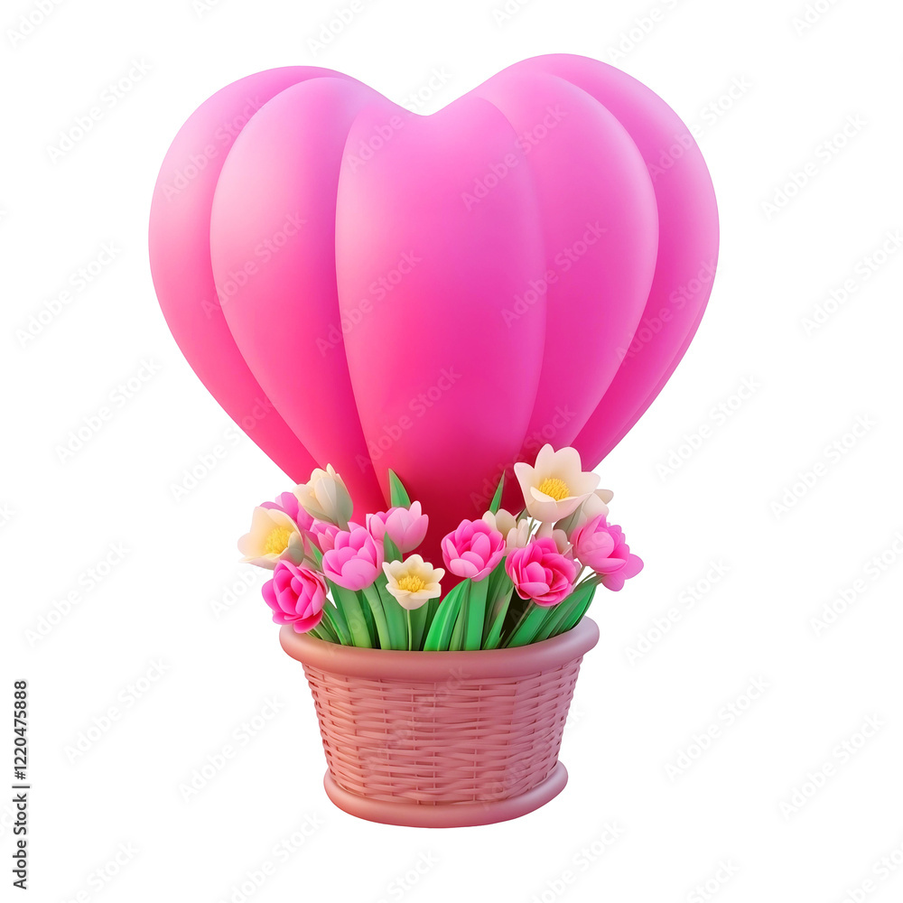 Obraz premium 3d render of isolated heart shaped balloon and wicker basket