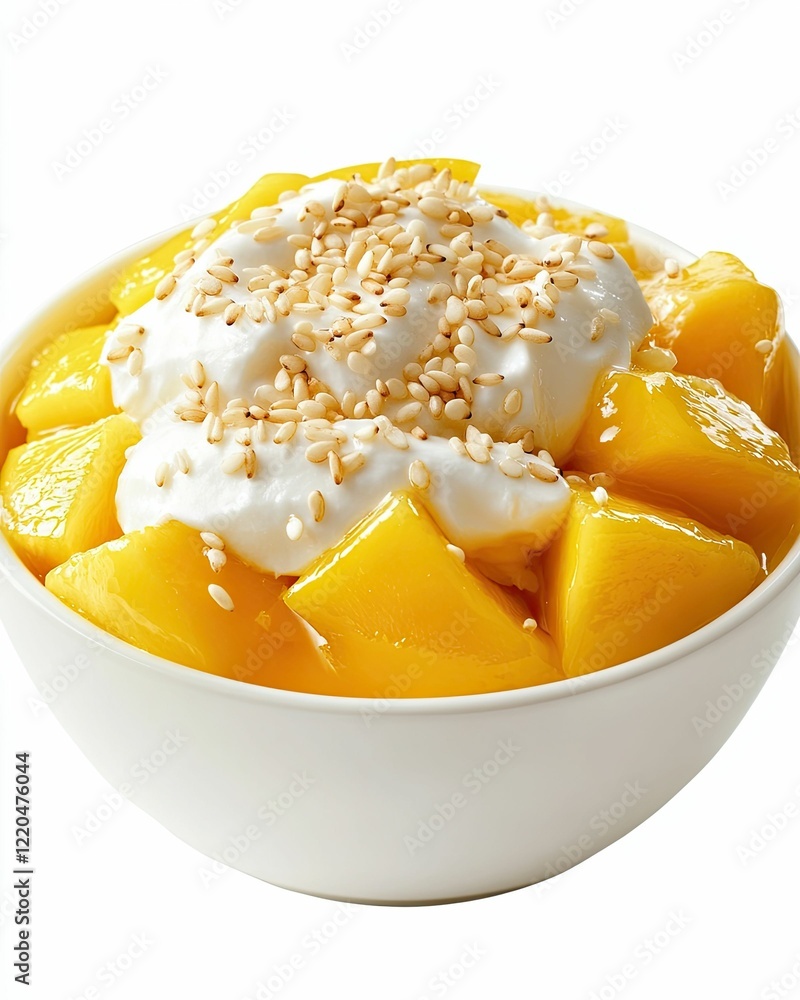 Isolated on white background Delicious mango dessert with whipped cream. Isolated on white background Delicious mango dessert with whipped cream.