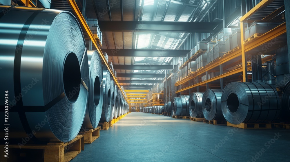 Steel rolls neatly arranged on wooden pallets inside expansive industrial warehouse, showcasing organized manufacturing storage and efficient logistics workflow