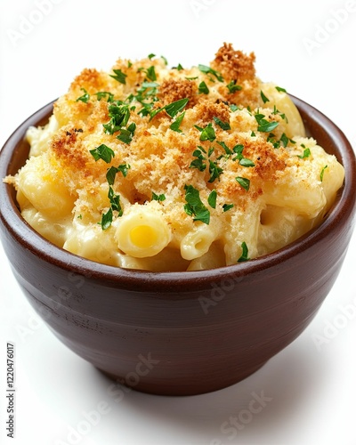 Isolated on white background Delicious mac and cheese in a wooden bowl.