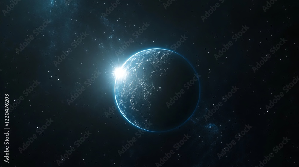 Fototapeta premium A blue planet Earth with the sun rising in space