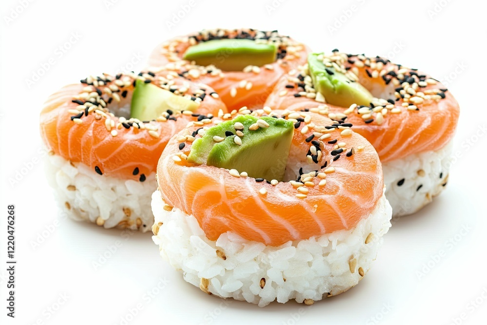 Isolated on white background Delicious salmon sushi rolls with avocado Isolated on white background Delicious salmon sushi rolls with avocado