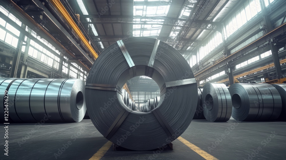 Steel coils stacked methodically within expansive industrial storage facility, representing efficient manufacturing logistics and material handling processes