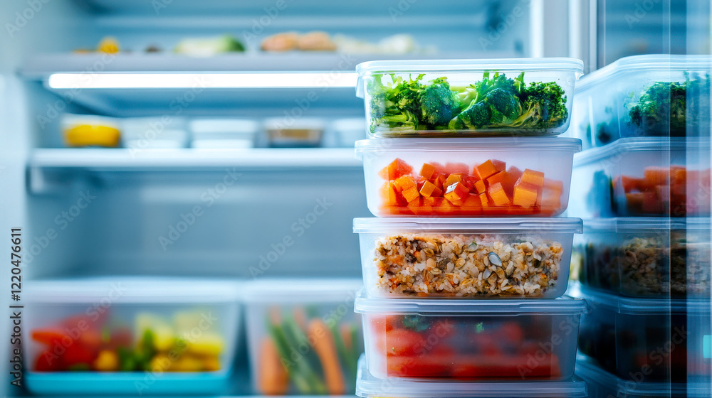 A well-organized refrigerator filled with neatly stacked containers of colorful vegetables, grains, and prepared meals, promoting healthy eating and meal prep. A well-organized refrigerator filled with neatly stacked containers of colorful vegetables, grains, and prepared meals, promoting healthy eating and meal prep.