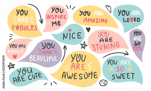 Set of positive words with colorful speech bubble. Compliment phase in variety abstract shape memo box, chat frame. Hand drawn style with crayon cute stickers label praise message.