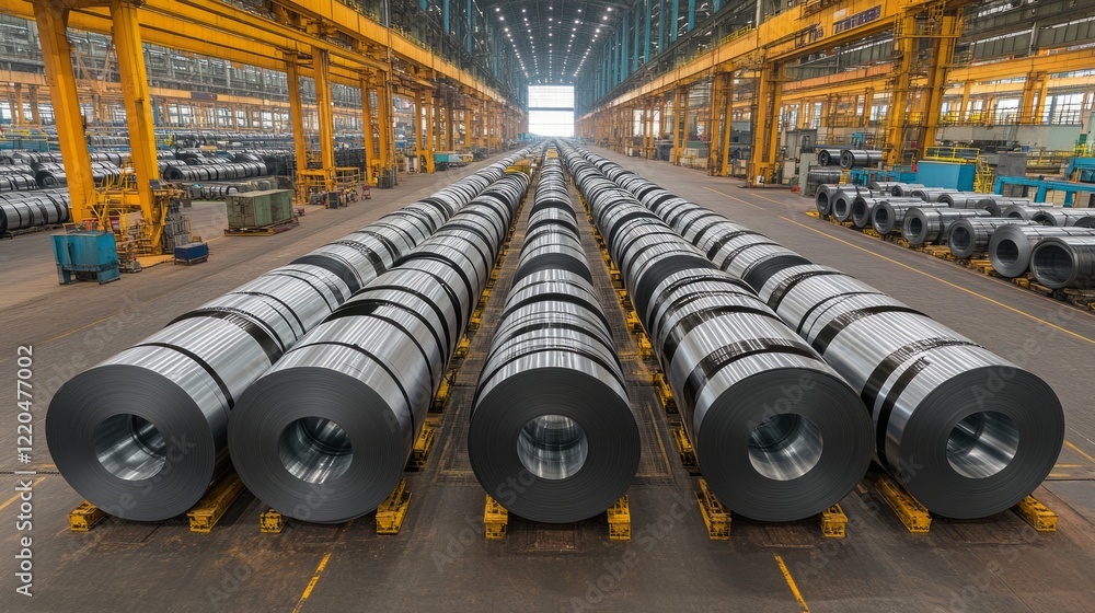 Metal rolls stacked vertically in warehouse, highlighting industrial manufacturing storage capacity and scale of production