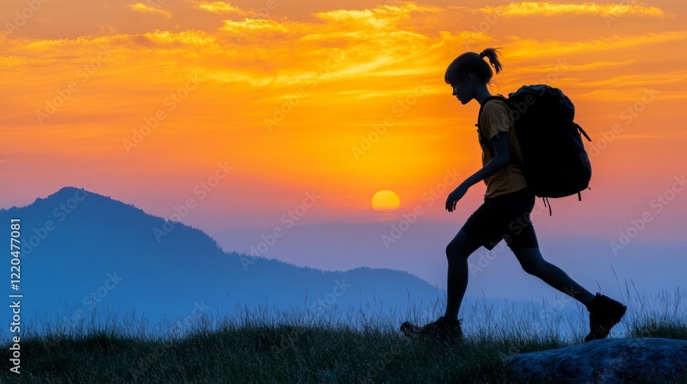 Hiker silhouetted climbing steep mountain ridge, determined posture framed by glowing sunset sky, revealing wilderness exploration and personal resilience
