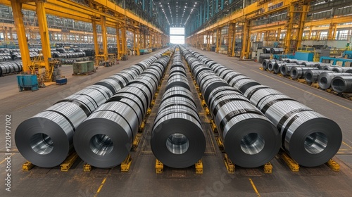 Obraz na płótnie Metal rolls stacked vertically in warehouse, highlighting industrial manufacturing storage capacity and scale of production w salonie