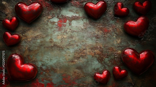 Red hearts arranged around a textured background photo