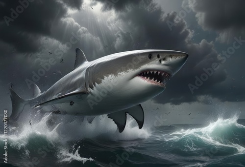 Wallpaper Mural A radiant great white shark swims through a swirling vortex of dark clouds and debris in the ocean, marine wildlife, seawater chaos, aquatic ecosystem Torontodigital.ca