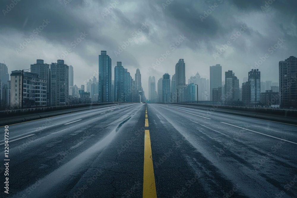 Fototapeta premium Empty highway leading to a modern city under a dark cloudy sky after rain