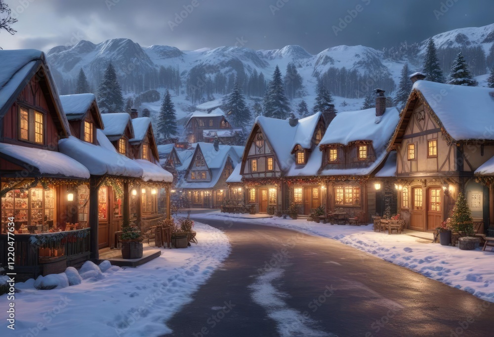 Fototapeta premium A small village scene with snow-covered houses and a festive holiday market, festive lights, village scene, seasonal decorations