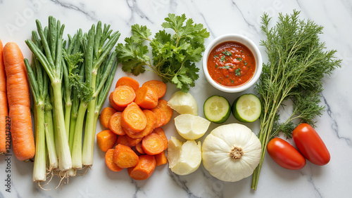 Fresh vegetables and herbs arranged on marble countertop