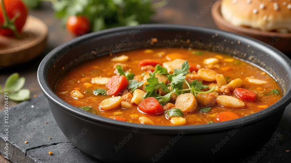 Delicious soup with vegetables and herbs in a black bowl Delicious soup with vegetables and herbs in a black bowl