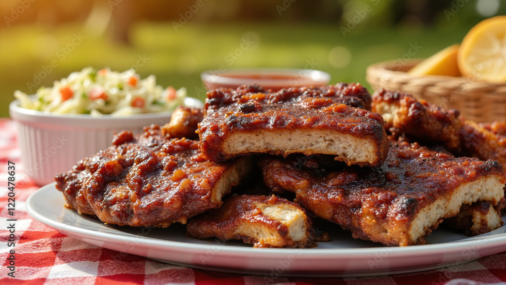 Delicious barbecue chicken on a plate with sides in a garden setting Delicious barbecue chicken on a plate with sides in a garden setting