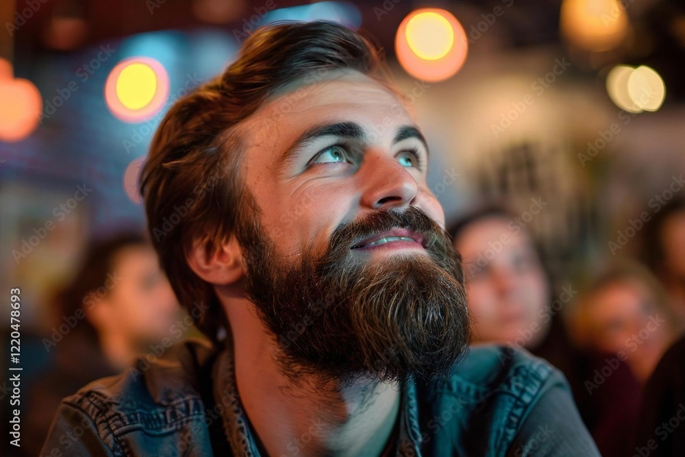 Handsome Caucasian Man with a Beard Attending Community Movie Night Gathering Handsome Caucasian Man with a Beard Attending Community Movie Night Gathering