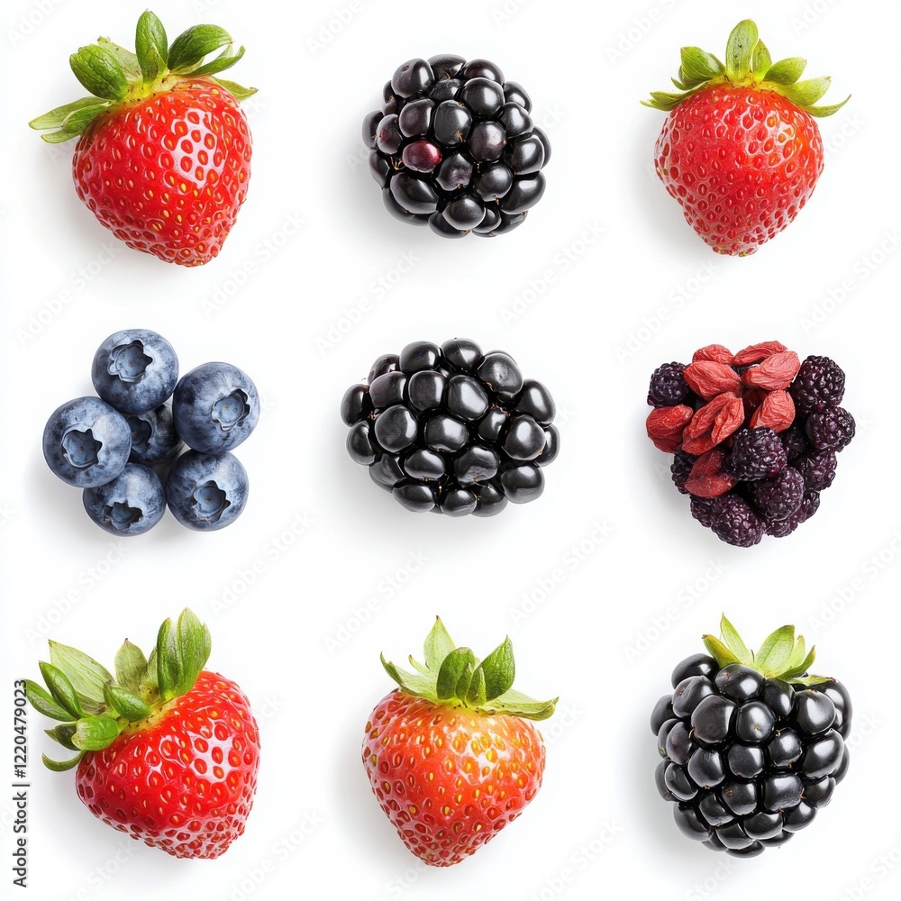 Assorted berries with strawberries, blackberries, and blueberries, vibrant fruit grid layout, healthy snack food photography Assorted berries with strawberries, blackberries, and blueberries, vibrant fruit grid layout, healthy snack food photography