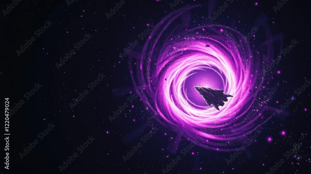A spaceship sails through a swirling vortex of purple and pink stars, surrounded by a halo of glittering silver dust in the dark vastness of space, stardust, spacecraft, space A spaceship sails through a swirling vortex of purple and pink stars, surrounded by a halo of glittering silver dust in the dark vastness of space, stardust, spacecraft, space