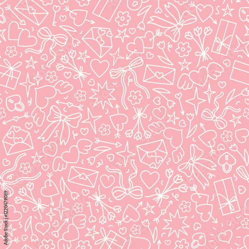 Vector Valentine day background. Romantic love all over print for fabric, goods or wrapping paper design. Doodle style seamless pattern with hearts, bows, stars, flowers, gift boxes, envelopes, arrows