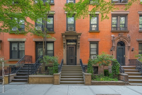 Elegant brownstone buildings with stoops in west village, new york city