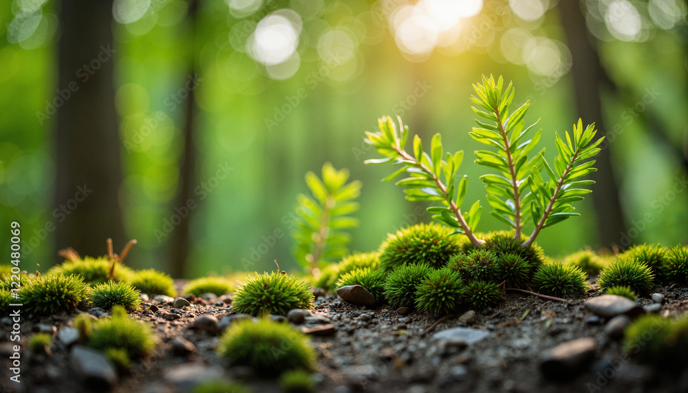 Green shoots. Lush green moss and shoots in serene forest, nature's tranquility Green shoots. Lush green moss and shoots in serene forest, nature's tranquility