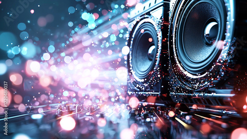 Close up view of powerful stereo speakers set against a backdrop of vibrant, blurred lights. The image conveys energy and excitement, ideal for music related projects or to evoke a lively atmosphere. photo