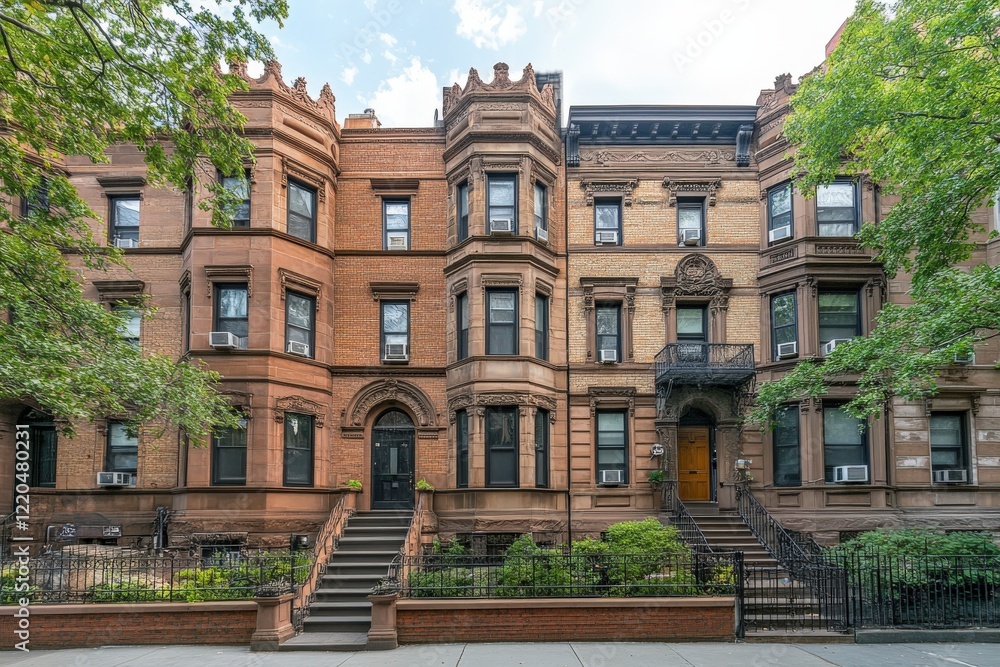 Naklejka premium Elegant brownstone townhouses showing urban living in park slope, brooklyn, new york city