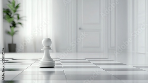 Dynamic knight chess piece ready for strategy on a, chessboard, representing innovative profitmaking ideas on white canvas photo