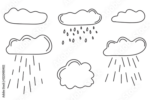 Hand drawn clouds with precipitation. Rain, downpour. Clouds and precipitation in doodle style. Vector illustration