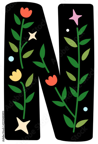 A black letter N decorated with colorful flowers and leaves.