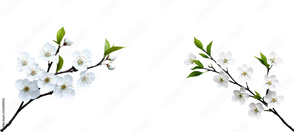 Delicate cherry blossom branches with white flowers and green leaves isolated on a transparent background Delicate cherry blossom branches with white flowers and green leaves isolated on a transparent background